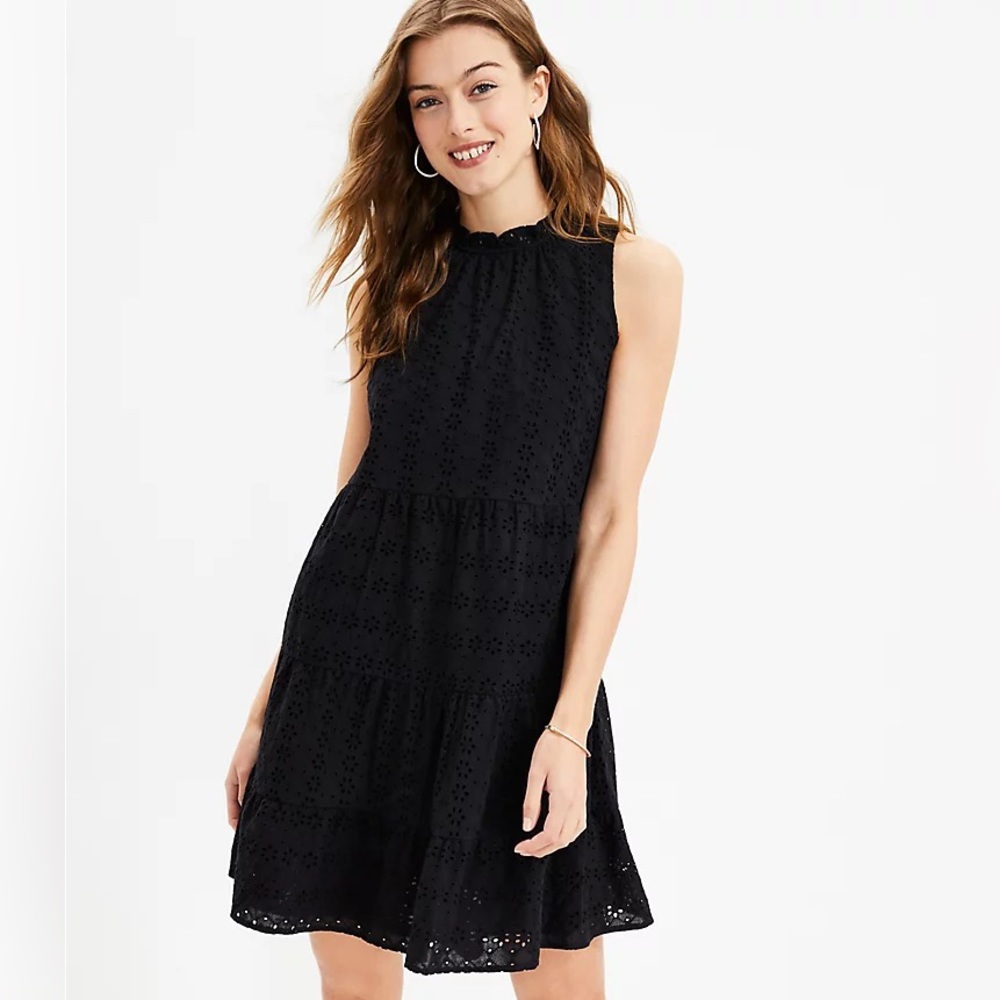 NWT Loft Black Eyelet Tiered Swing Dress
